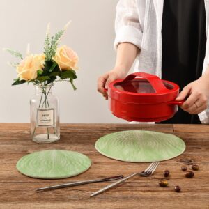 Kigai Green Feather Pot Holder Set of 2,Heat Resistant Round Cotton Hot Pads Table Mats Trivets for Hot Dishes/Pot/Bowl/Teapot/Hot Pot Holders,7 Inch + 9 Inch