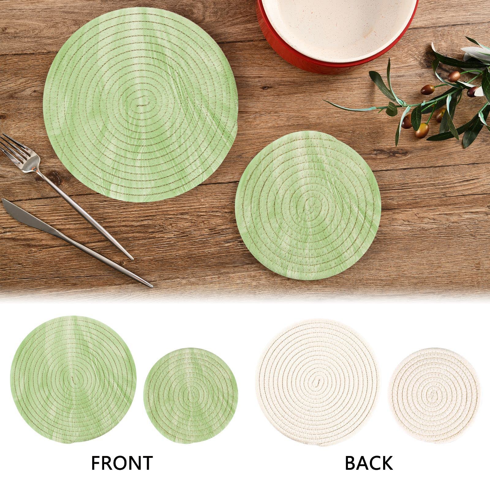 Kigai Green Feather Pot Holder Set of 2,Heat Resistant Round Cotton Hot Pads Table Mats Trivets for Hot Dishes/Pot/Bowl/Teapot/Hot Pot Holders,7 Inch + 9 Inch