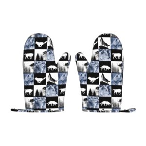 Silicone Oven Mitts Wolf Heat Resistant Soft Cotton Lining Kitchen Gloves Set of 2 Non-Slip Reusable Pot Holder for Microwave BBQ Cooking Baking Grilling