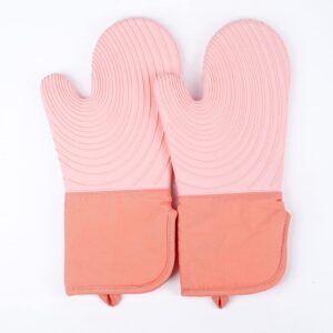 silicone oven mitts with extra long cuff and comfort lining，oven mitts with quilted liner， heat resistant flexible oven mitt for kitchen baking cooking，machine washable，1 pair，13.5 inch,pink