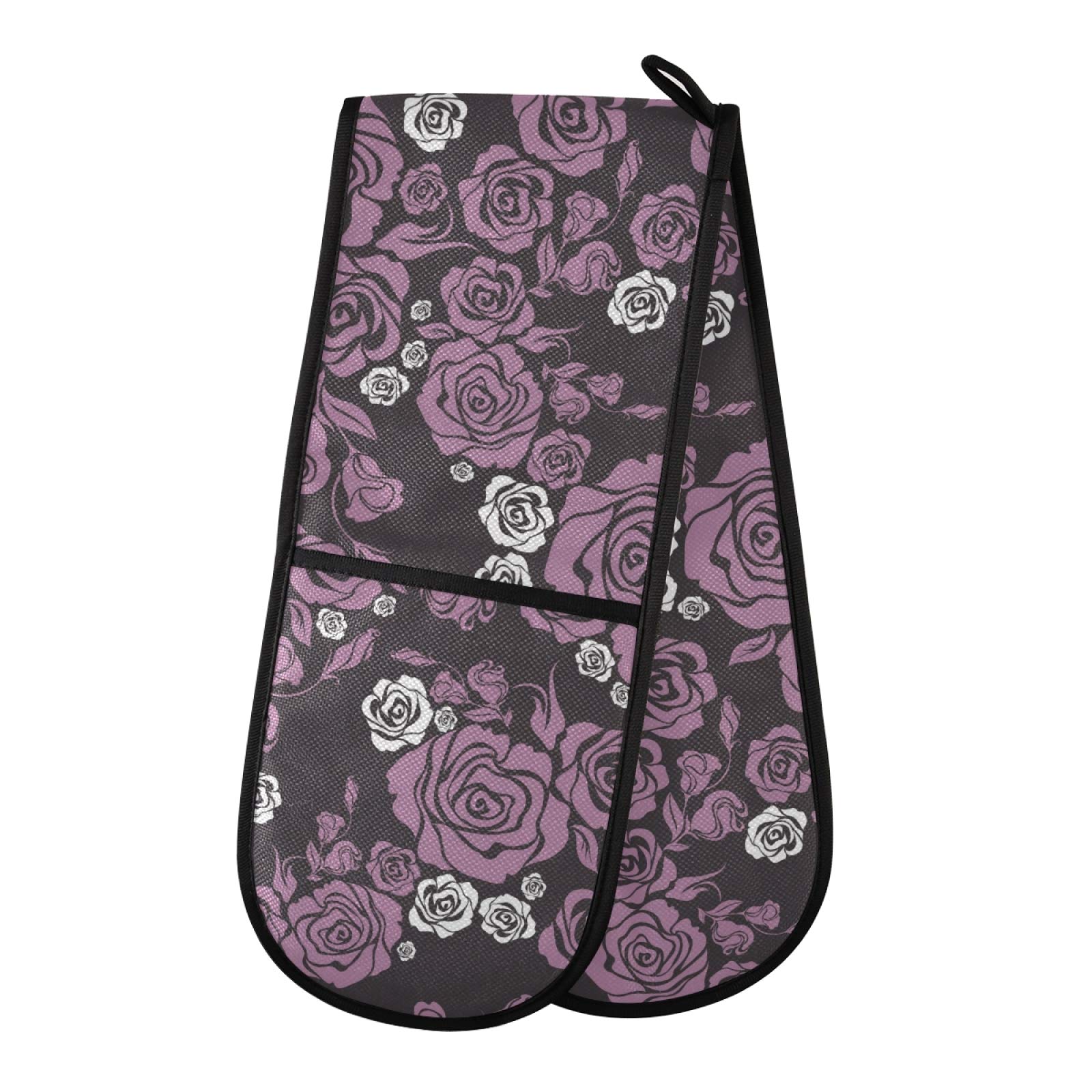 VIKKO Vintage Flower Purple Rose Double Mitt, Heat Resistant Kitchen Gloves Oven Mitts for Baking Microwave