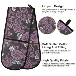 VIKKO Vintage Flower Purple Rose Double Mitt, Heat Resistant Kitchen Gloves Oven Mitts for Baking Microwave