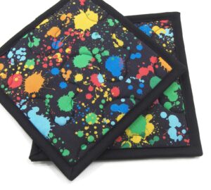colorful hot pads, quilted pot holders - color splatters on black set of two - 8 inch square