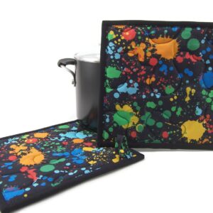 Colorful Hot Pads, Quilted Pot Holders - Color Splatters on Black Set of Two - 8 Inch Square