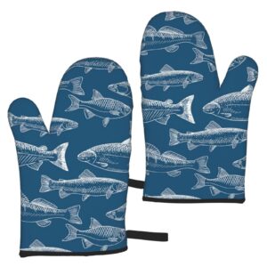ocean fishes print oven mitts sets,kitchen oven glove high heat resistant 500 degree oven mitts and pot holder,surface safe for baking, cooking, bbq,pack of 2