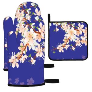 swono white floral oven mitts and pot holders sets,peach tree with flower in the blue background kitchen cooking gloves heat resistant baking for bbq grilling
