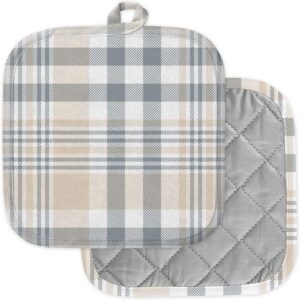 [pack of 2] pot holders for kitchen, washable heat resistant pot holders, hot pads, trivet for cooking and baking ( plaid tan beige )