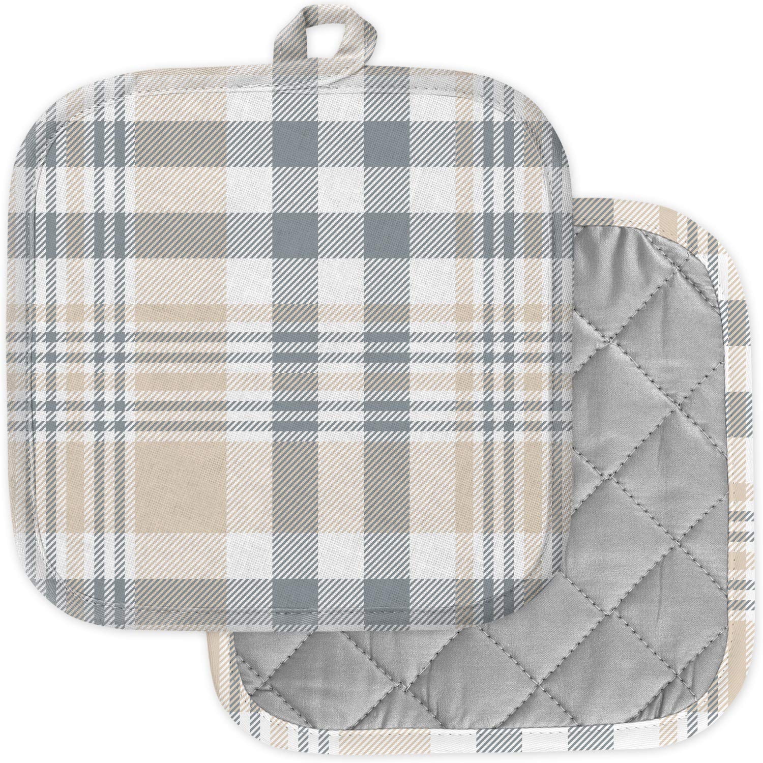 [Pack of 2] Pot Holders for Kitchen, Washable Heat Resistant Pot Holders, Hot Pads, Trivet for Cooking and Baking ( Plaid Tan Beige )