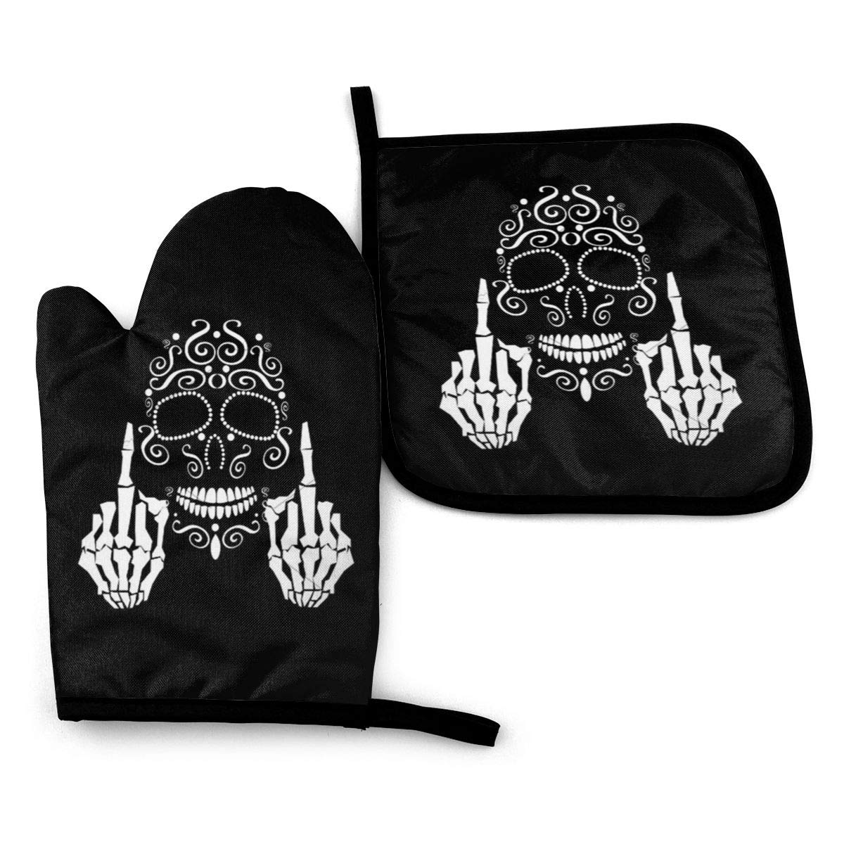 Foruidea Funny Skull Back White Oven Mitts and Pot Holders Sets Kitchen Heat Resistant Oven Gloves for BBQ Cooking Baking,Grilling,Machine Washable (2-Piece Sets)