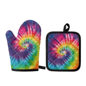 BIGCARJOB Set of 2 Pack Kitchen Oven Gloves Pot Pads with Rainbow Tie Dye Printed Oven Mit Set Womens Girls BBQ Gloves Pot Mats Potholders for Kitchen Baking Cooking