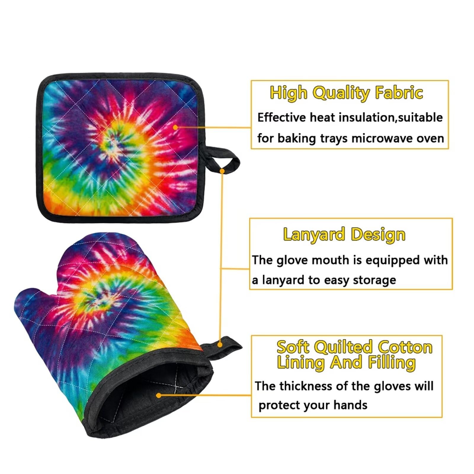 BIGCARJOB Set of 2 Pack Kitchen Oven Gloves Pot Pads with Rainbow Tie Dye Printed Oven Mit Set Womens Girls BBQ Gloves Pot Mats Potholders for Kitchen Baking Cooking