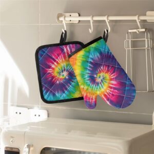BIGCARJOB Set of 2 Pack Kitchen Oven Gloves Pot Pads with Rainbow Tie Dye Printed Oven Mit Set Womens Girls BBQ Gloves Pot Mats Potholders for Kitchen Baking Cooking
