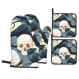 ezdnagp 4pcs oven mitts and pot holders sets oven kitchen gloves hot pads for cooking bbq baking grilling - raven skull bird death butterfly