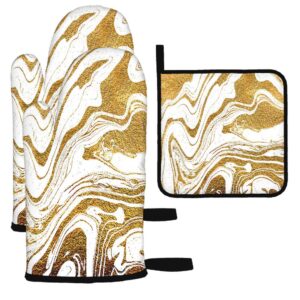 AOYEGO Golden Swirl Oven Mitts and Pot Holders Set of 3 Japanese Marble White Gold Brush Kitchen Heat Resistant Gloves Pad for Cooking BBQ