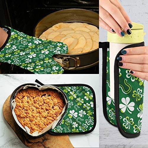 Green Shamrock Horseshoe Oven Mitts Pot Holders Set, St Saint Patricks Day Oven Gloves Potholders 2Pcs Microwave Glove Hot Pad for Baking Cooking Grilling BBQ Kitchen Decor Gifts
