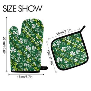 Green Shamrock Horseshoe Oven Mitts Pot Holders Set, St Saint Patricks Day Oven Gloves Potholders 2Pcs Microwave Glove Hot Pad for Baking Cooking Grilling BBQ Kitchen Decor Gifts