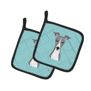 caroline's treasures bb1174pthd checkerboard blue italian greyhound pair of pot holders kitchen heat resistant pot holders sets oven hot pads for cooking baking bbq, 7 1/2 x 7 1/2