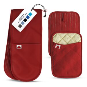 red pot holder and double oven mitt bundle