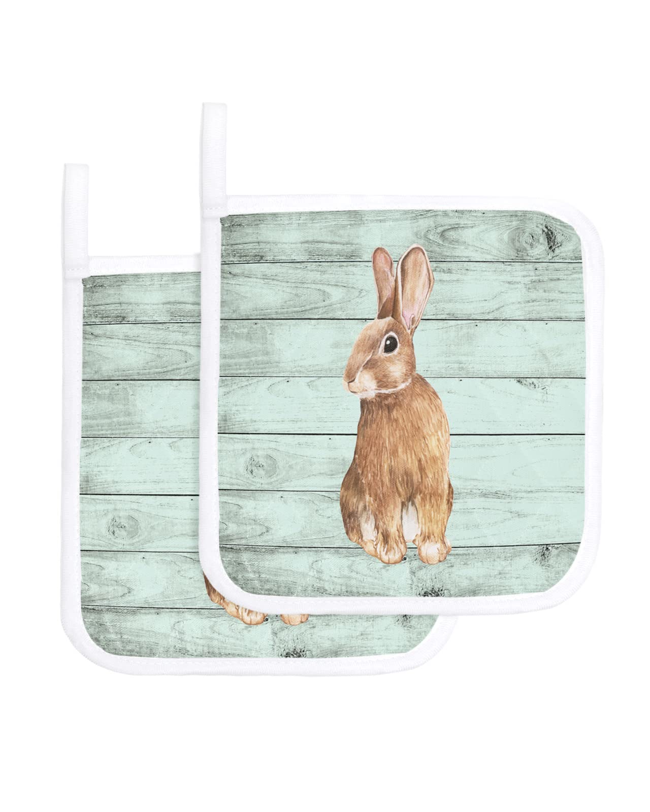 Happy Easter Rabbits 2 Pack Pot Holders Heat Insulation Hot Pads, Cute Cartoon Bunny Washable Oven Pot Holder Set for Kitchen Spring Blue Wood Grain Potholders for Baking Cooking Dining Table