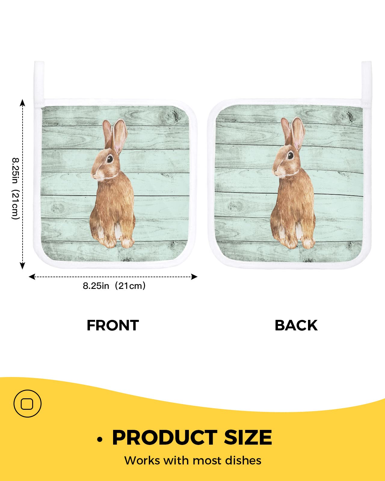 Happy Easter Rabbits 2 Pack Pot Holders Heat Insulation Hot Pads, Cute Cartoon Bunny Washable Oven Pot Holder Set for Kitchen Spring Blue Wood Grain Potholders for Baking Cooking Dining Table