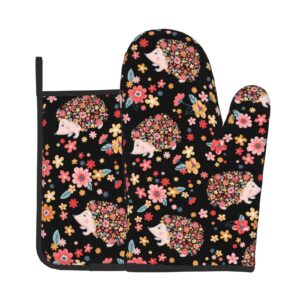 oplp flowers and cute hedgehogs oven mitts and pot holders heat resistant oven mitts safe for baking cooking bbq