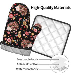 Oplp Flowers and Cute Hedgehogs Oven Mitts and Pot Holders Heat Resistant Oven Mitts Safe for Baking Cooking BBQ