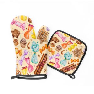 sweet gingerbread chocolate candies oven mitts and pot holders sets of 2, heat resistant non-slip oven gloves hot pads for microwave cooking baking grilling bbq holiday kitchen decor