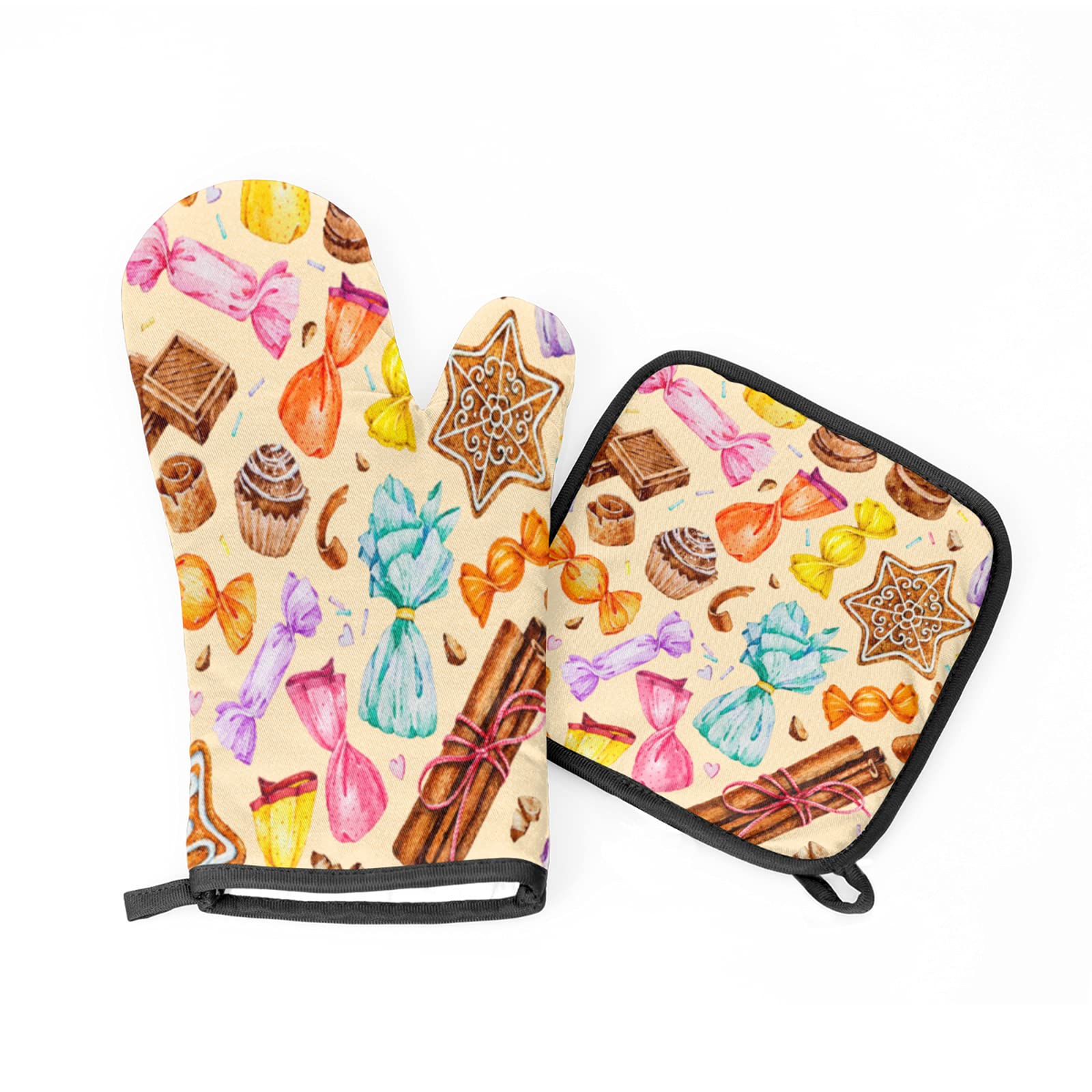 Sweet Gingerbread Chocolate Candies Oven Mitts and Pot Holders Sets of 2, Heat Resistant Non-Slip Oven Gloves Hot Pads for Microwave Cooking Baking Grilling BBQ Holiday Kitchen Decor