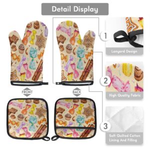 Sweet Gingerbread Chocolate Candies Oven Mitts and Pot Holders Sets of 2, Heat Resistant Non-Slip Oven Gloves Hot Pads for Microwave Cooking Baking Grilling BBQ Holiday Kitchen Decor