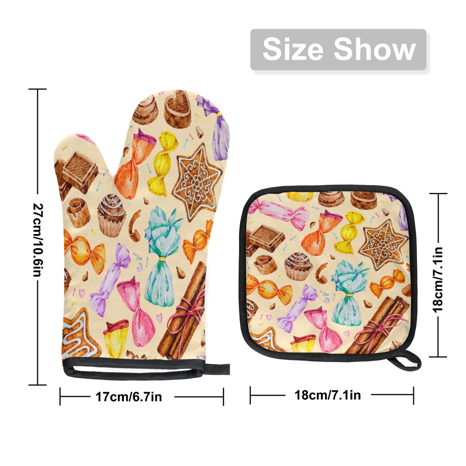 Sweet Gingerbread Chocolate Candies Oven Mitts and Pot Holders Sets of 2, Heat Resistant Non-Slip Oven Gloves Hot Pads for Microwave Cooking Baking Grilling BBQ Holiday Kitchen Decor