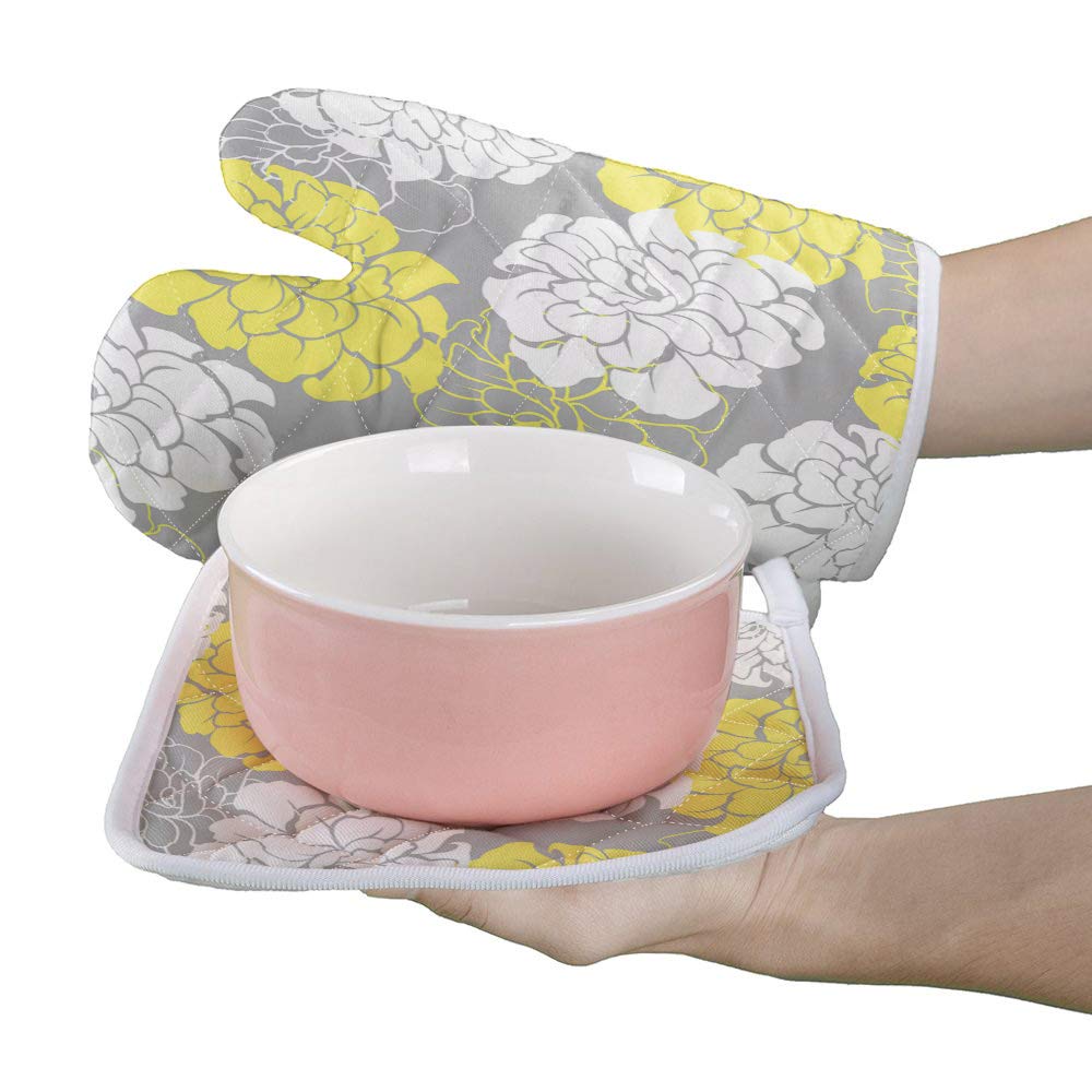 Oven Mitts and Potholders 2 pcs Set, Peony Floral Print Abstract Geometric Pattern Yellow Grey White Heat Resistant Kitchen Gloves and Hot Pads with Cotton Infill for Cooking Baking