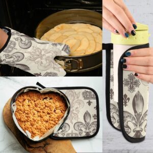 Oyihfvs Heraldic Fleur De Lis Crowns Oven Mitts Pot Holders Sets, Heat Resistant Kitchen Oven Gloves, Potholder Hot Pads for Cooking Baking Microwave Grill