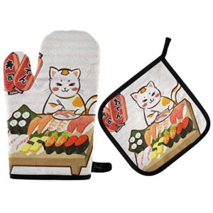 oven mitts and pot holders sets, sushi cat japanese cute funny kitten heat resistant non slip oven gloves hot pads for cooking baking bbq decorative kitchen gift(2-piece set)