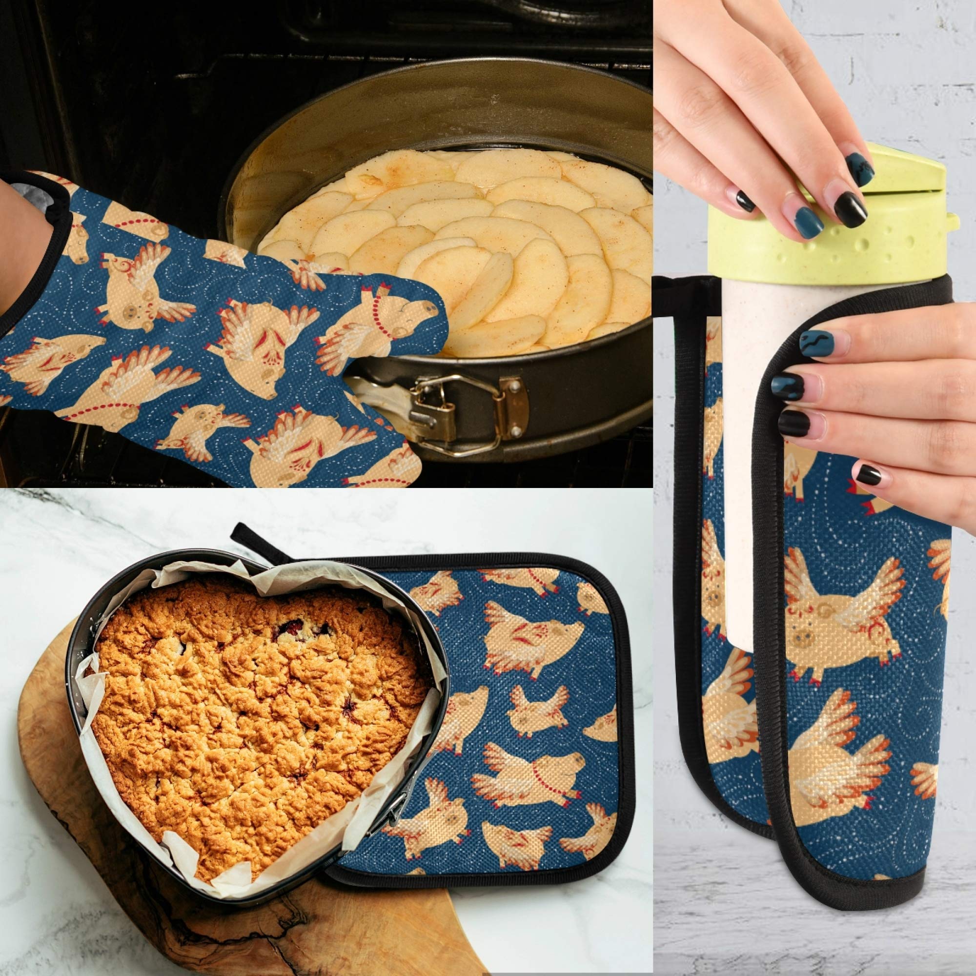 Oven Mitts and Pot Holders Set, Flying Pigs A Dark Blue Sky Heat Resistant Waterproof Gloves with Soft Cotton Lining for Kitchen Cooking, Baking, Microwave, BBQ