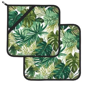 pot holders set of 2, tropical green palm leaves heat resistant kitchen non slip printed cooking barbecue baking microwave, 8x8 inches