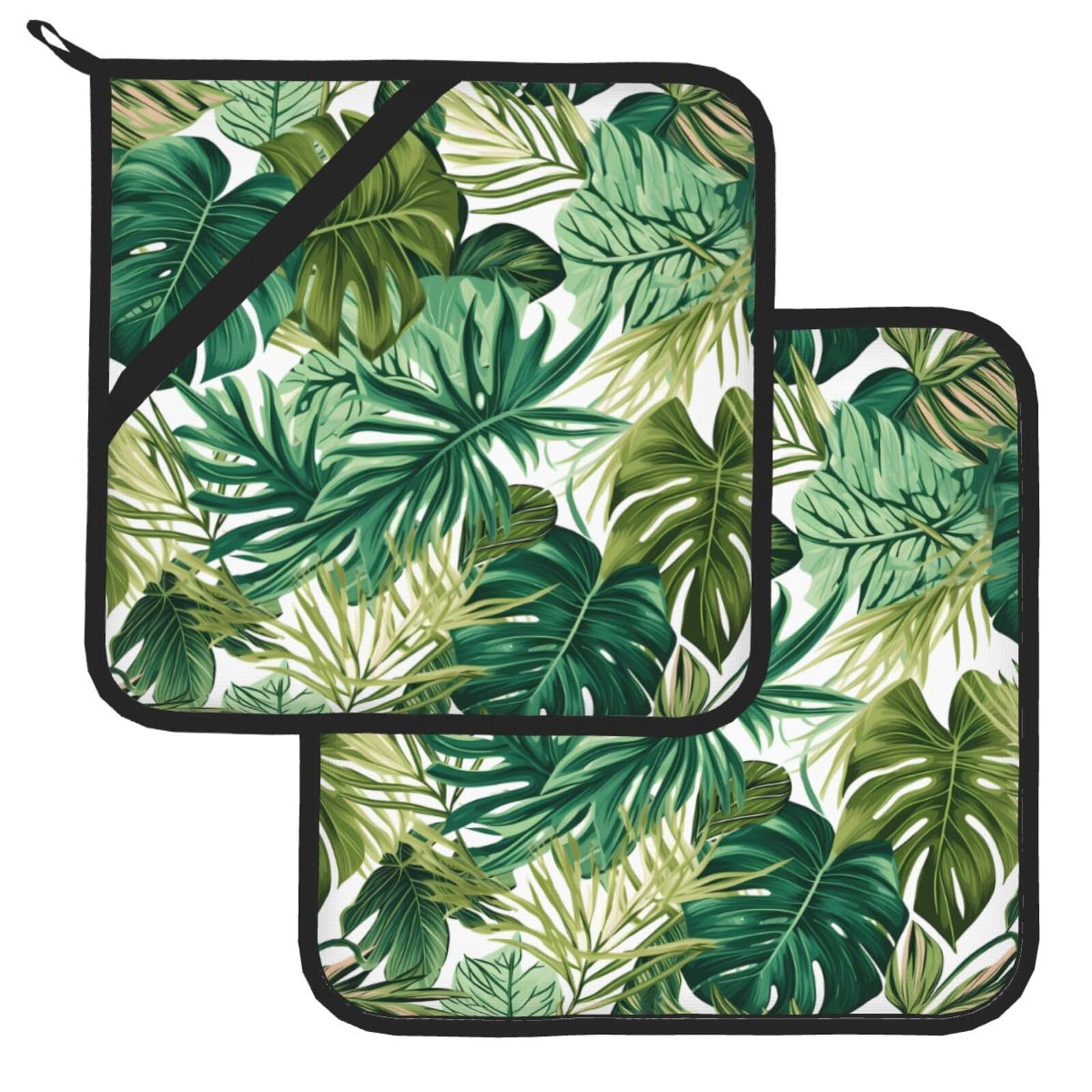 Pot Holders Set of 2, Tropical Green Palm Leaves Heat Resistant Kitchen Non Slip Printed Cooking Barbecue Baking Microwave, 8x8 Inches