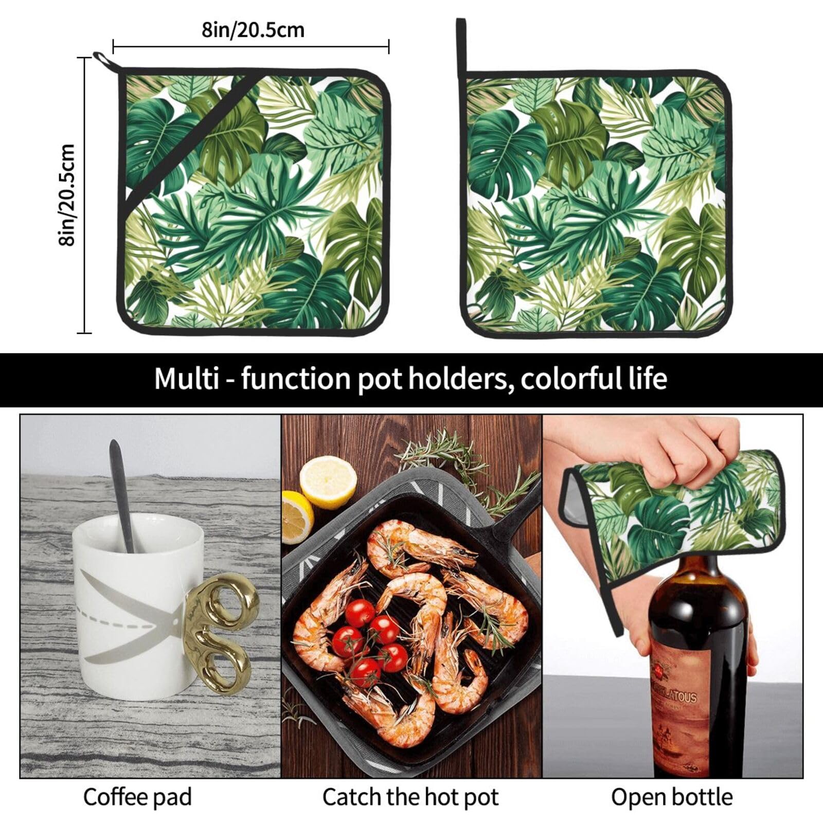 Pot Holders Set of 2, Tropical Green Palm Leaves Heat Resistant Kitchen Non Slip Printed Cooking Barbecue Baking Microwave, 8x8 Inches