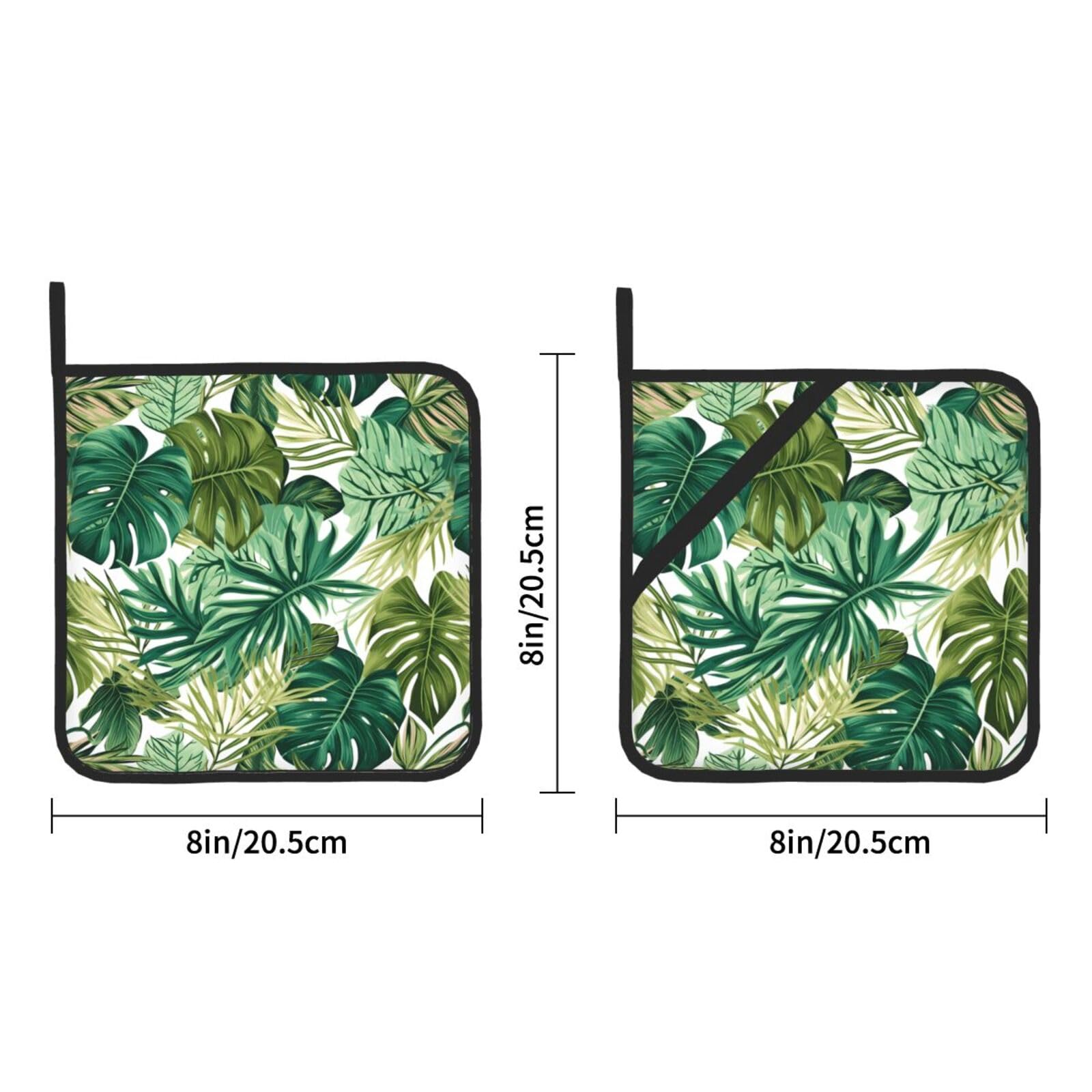 Pot Holders Set of 2, Tropical Green Palm Leaves Heat Resistant Kitchen Non Slip Printed Cooking Barbecue Baking Microwave, 8x8 Inches