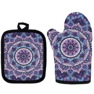 snilety boho mandala floral oven mitts and pot holders sets of 2 heat resistant hot pads women cooking gloves purple handling kitchen cookware bakeware bbq