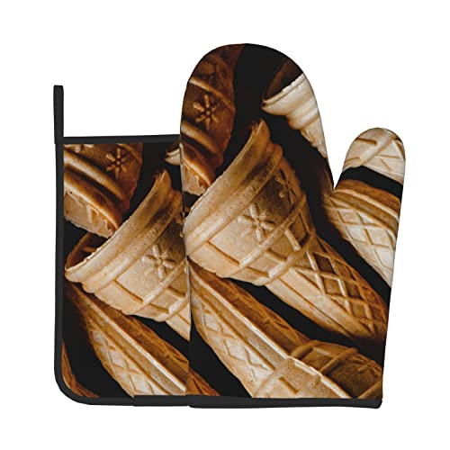 Ice Cream Oven Mitts and Pot Holders Set Heat Resistant Oven Glove and Potholder Kitchen Microwave Gloves for Baking BBQ Grilling Cooking Oven Mitts