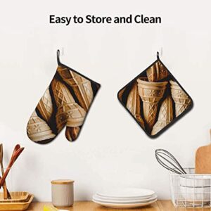 Ice Cream Oven Mitts and Pot Holders Set Heat Resistant Oven Glove and Potholder Kitchen Microwave Gloves for Baking BBQ Grilling Cooking Oven Mitts