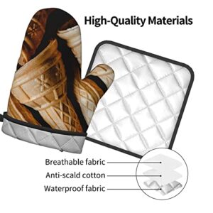 Ice Cream Oven Mitts and Pot Holders Set Heat Resistant Oven Glove and Potholder Kitchen Microwave Gloves for Baking BBQ Grilling Cooking Oven Mitts