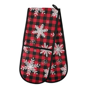 christmas double oven mitt christmas snowflake checkered plaid heat resistant cooking gloves for bbq cooking baking grilling microwave kitchen