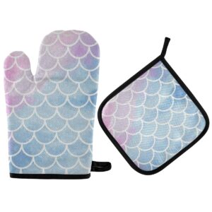 mermaid scales oven mitts pot holders set non-slip rainbow fish scale cooking kitchen gloves washable heat resistant oven gloves for microwave bbq baking grilling gifts