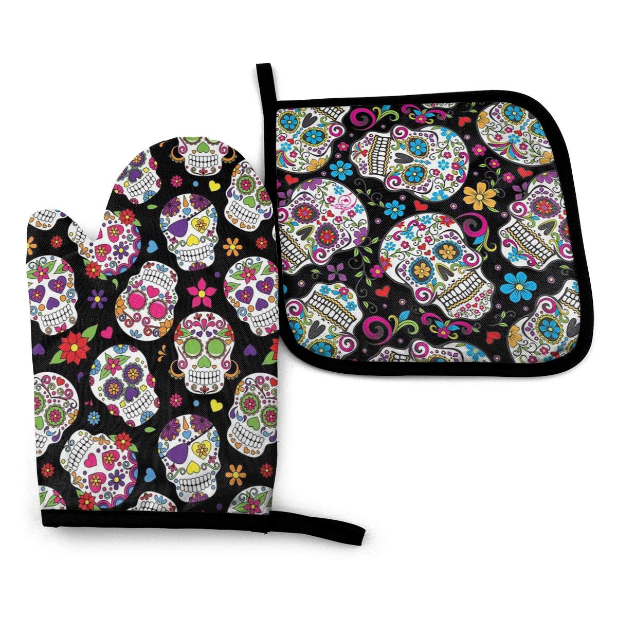 TOLUYOQU Oven Mitts Flower Sugar Skull Non-Slip Heat Resistant Kitchen Oven Gloves with Potholder for Cooking Baking