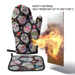 TOLUYOQU Oven Mitts Flower Sugar Skull Non-Slip Heat Resistant Kitchen Oven Gloves with Potholder for Cooking Baking