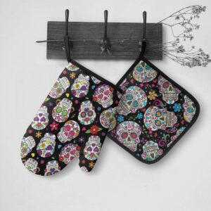 TOLUYOQU Oven Mitts Flower Sugar Skull Non-Slip Heat Resistant Kitchen Oven Gloves with Potholder for Cooking Baking