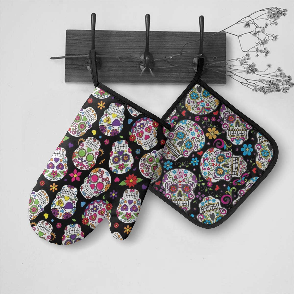 TOLUYOQU Oven Mitts Flower Sugar Skull Non-Slip Heat Resistant Kitchen Oven Gloves with Potholder for Cooking Baking