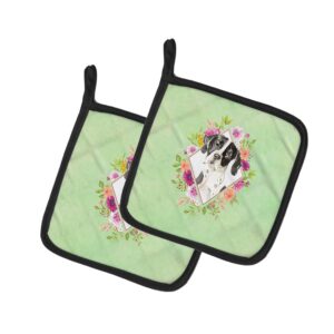 caroline's treasures ck4399pthd english pointer green flowers pair of pot holders kitchen heat resistant pot holders sets oven hot pads for cooking baking bbq, 7 1/2 x 7 1/2