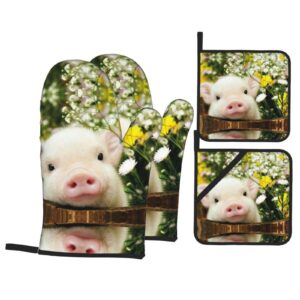 rape flower pig extra long oven gloves and hot pads set 4pcs for cooking and baking with pockets